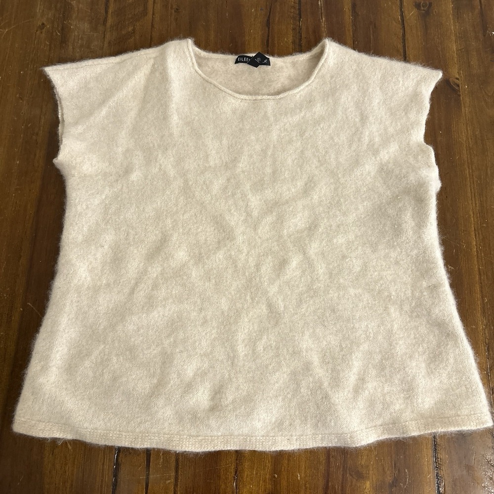 Eileen Fisher Cashmere Wool Sleeveless Sweater L Ecru Super Soft Fuzzy Minimal